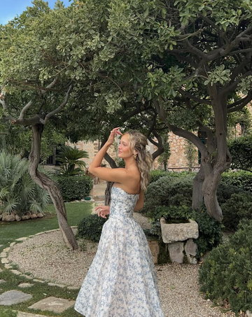 Cute A Line Sweetheat Neck Print Floral Blue Satin Long Prom Dress Evening Dress HZ1023